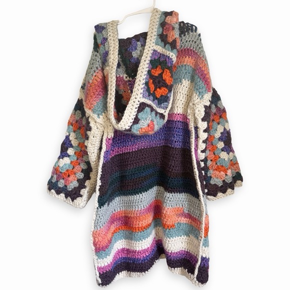 Rare One Of One Merino Wool Hand Crochet Luxury Granny Hooded Cardigan L-XXL - Picture 2 of 10